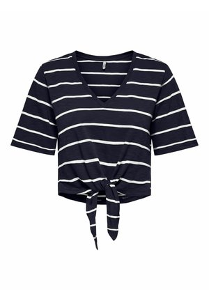 Marineblå kortærmet V-hals croptop med hvide vandrette striber og en bundet knude foran i midten.