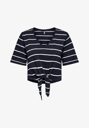 Crop top bleu marine à manches courtes avec col en V, rayures horizontales blanches et nœud noué au centre devant.