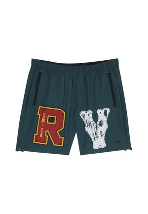 Shorts vert foncé avec taille élastique, poches latérales, lettre R rouge et jaune sur la jambe gauche, motif blanc ressemblant à un corail sur la jambe droite, logo VA.