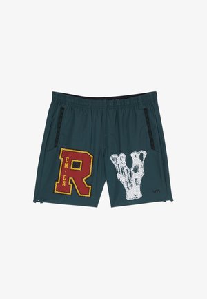 Pantaloncini verde scuro con vita elastica, tasche laterali, lettera R rossa e gialla sulla gamba sinistra, grafica bianca simile a un corallo sulla gamba destra, logo VA.