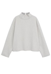 Sudadera de manga larga en gris claro con un cuello redondo alto y un cierre de cremallera corto en la parte posterior.