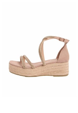 Beige wedge sandal with braided jute platform, three thin glittery straps over the toes, and an adjustable ankle strap with buckle.