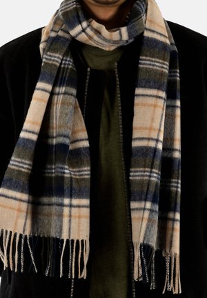 Nahaufnahme einer Person, die eine schwarze Jacke, ein olivgrünes Hemd und einen beigen, blauen und dunkelgrünen karierten Schal mit Fransen trägt.