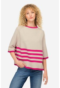 Maglione a righe beige con maniche corte, caratterizzato da strisce orizzontali rosa e polsini e orlo a coste. Tessuto morbido. Vestibilità casual.