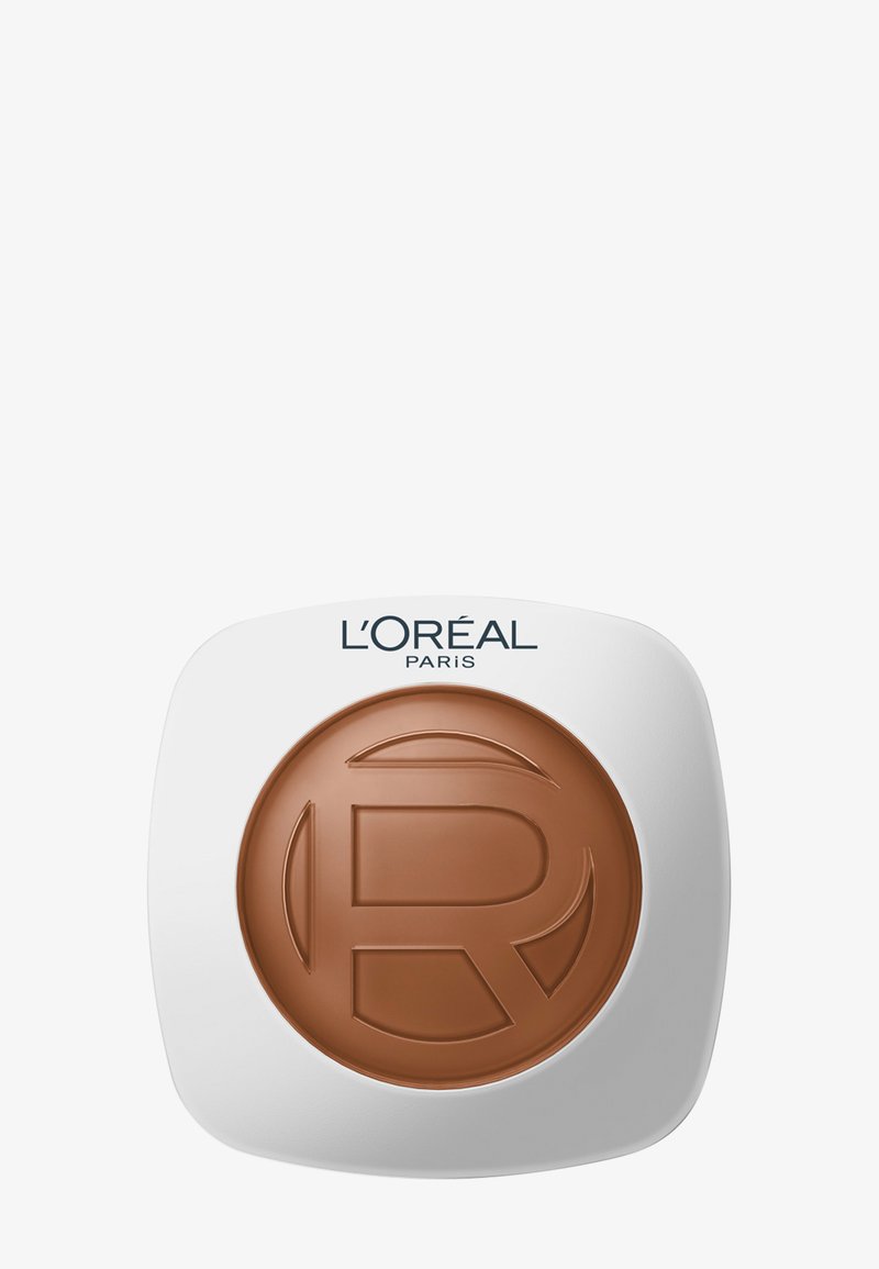 L'Oréal Paris bronzing powder compact with a circular embossed logo on a white square case.