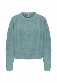 Pull en tricot bleu clair, au design court, avec encolure ronde, manches longues, motifs texturés, poignets et ourlet côtelés. Matière douce en tricot.