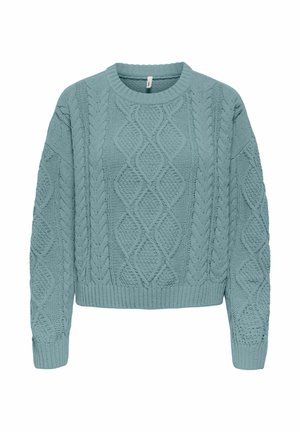 Pull en tricot bleu clair, au design court, avec encolure ronde, manches longues, motifs texturés, poignets et ourlet côtelés. Matière douce en tricot.