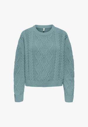 Šviesiai mėlynas megztas megztinis, pasagos dizainas, apvalus iškirpimas, ilgos rankovės, tekstūruoti raštai, oru šluostiniai rankogaliai ir apatiniai kraštai. Minkšta, megzta medžiaga.