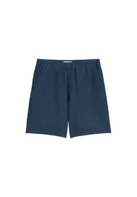 Marineblauwe shorts van textuurstof, met een elastische tailleband en twee zijzakken. Recht model, met een lengte tot halverwege de dij.