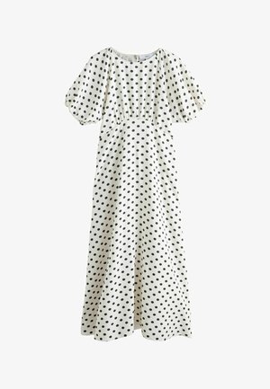 Fehér midi ruha fekete pöttyökkel, fodros rövid ujjakkal és ráncolt derékrésszel.