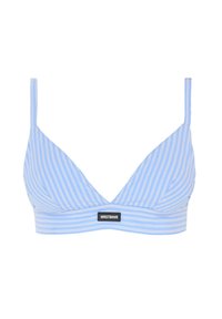 Vaaleansininen kolmiomainen bralette, jossa on valkoisia raitoja, säädettävät hihnat ja musta logopatchi vyötäröllä. Sileä kangas.