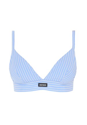 Light blue triangular bralette with white stripes, adjustable straps, and a black logo patch on the band. Smooth fabric texture.