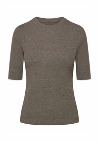 Szary melanżowy t-shirt z krótkim rękawem i okrągłym dekoltem, charakteryzujący się gładką teksturą i dopasowanym krojem.