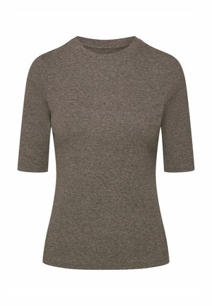 Szary melanżowy t-shirt z krótkim rękawem i okrągłym dekoltem, charakteryzujący się gładką teksturą i dopasowanym krojem.