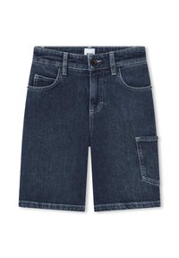 Shorts in denim blu scuro con cinque tasche, chiusura a bottone e taglio dritto con dettagli di cucitura discreti. Tessuto leggero.
