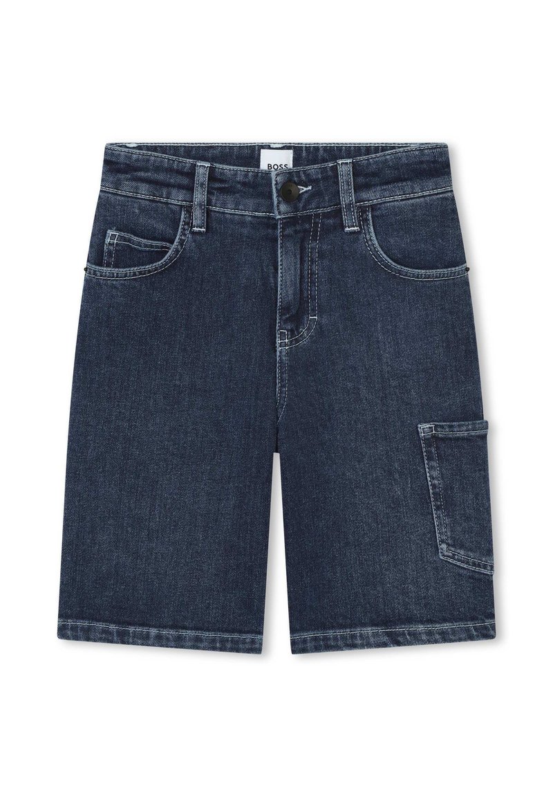 Shorts in denim blu scuro con cinque tasche, chiusura a bottone e taglio dritto con dettagli di cucitura discreti. Tessuto leggero.