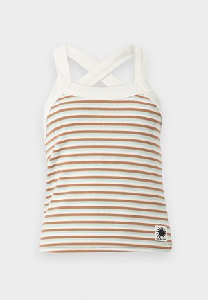 Canottiera senza maniche a coste con strisce orizzontali bianche e marroni, spalline incrociate bianche e una piccola patch con logo del sole nero.