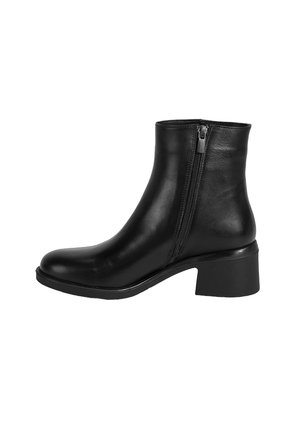 Schwarze Lederstiefelette mit rundem Zehenbereich, seitlichem Reißverschluss und breitem Absatz. Glatte Oberfläche und minimalistisches Design.