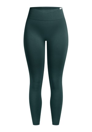 Leggings de talle alto en verde oscuro, confeccionados con tela elástica. Textura lisa, diseño ajustado al cuerpo, sin costuras visibles ni patrones.