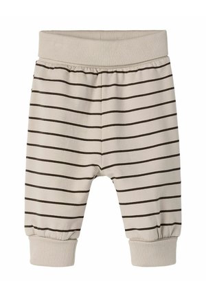 Pantalon beige pour bébé avec fines rayures horizontales foncées, taille côtelée et poignets aux chevilles.