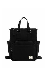 Black backpack with textured fabric, dual top handles, front zip pocket, silver hardware, and a small brand tag on the bottom front.