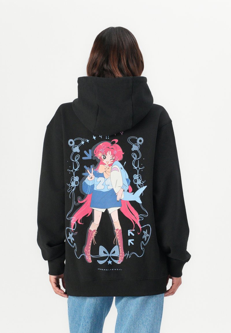 Black hoodie featuring colorful graphic on back of a character with pink hair, wearing a blue top, with long pink accents and decorative elements.