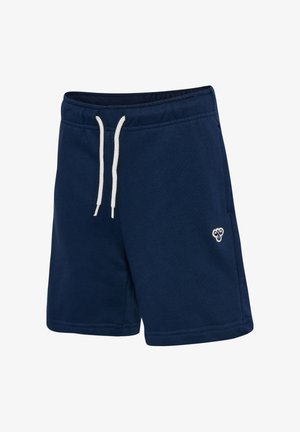 Mørkeblå sweatshorts lavet af en blød bomuldsblanding med elastisk snøre i taljen og en lille hvid logo på nederste venstre ben.
