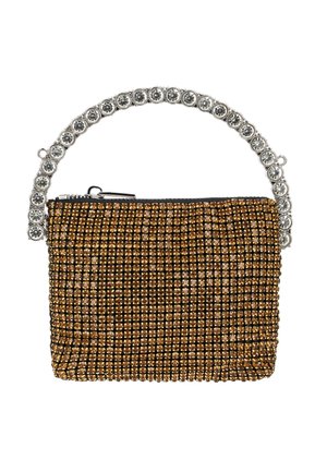 Mała prostokątna kopertówka z złotymi cyrkoniami oraz srebrną rączką wykonaną z dużych, przezroczystych kamieni, zamykana na zamek błyskawiczny od góry.