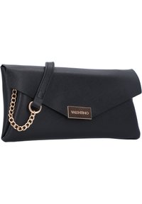 Black leather clutch bag with a textured finish, flap top, gold chain strap, and a gold logo plate reading "VALENTINO."