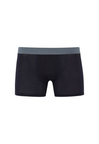 Dark navy boxer briefs with a grey elastic waistband featuring "LONDON" logo. Smooth texture, fitted shape, and contrast stitching details.