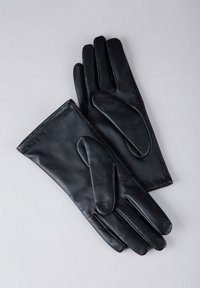 Black leather gloves with a smooth texture, featuring articulated fingers and a stitched wrist area. Minimalist design, no embellishments.