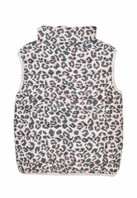Gilet senza maniche imbottito in tessuto bianco con una stampa a motivo leopardato grigia e rosa, dotato di un colletto alto e sezioni trapuntate orizzontali.