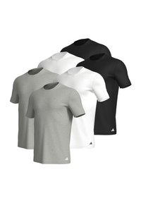 Fünf Kurzarm-T-Shirts in Grau, Weiß und Schwarz. Baumwollmischung, runder Ausschnitt, normale Passform, mit einem kleinen Logo unter dem linken Ärmel.