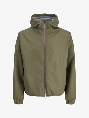 Green hooded jacket with front zipper, elastic cuffs, and elastic hem, displayed on a plain white background.