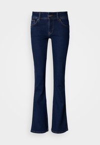 Donkerblauwe denim flared jeans met een aangesloten taille, vijf zakken en contrasterende stikdetails; voorzien van een ritssluiting en knoopsluiting.