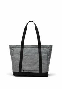 Grand sac fourre-tout gris avec fond et anses noirs, doté d'une poche avant avec fermeture éclair, sur fond blanc.
