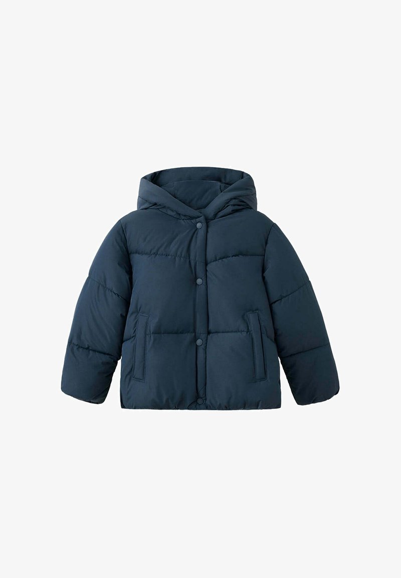 Veste matelassée bleu foncé avec capuche, boutons-pression devant et deux poches latérales verticales, conçue pour temps froid.
