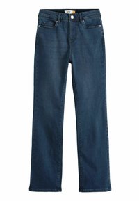 Tmavě modré denimové bootcut džíny s předním knoflíkem, poutky na opasek a pěticí kapsami na bílém pozadí.