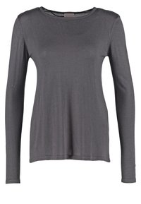 Långärmad tröja med rund hals i mörkgrått. Tillverkad av ett mjukt, ribbat material med en slät yta och en avslappnad passform. Inga synliga logotyper eller mönster.