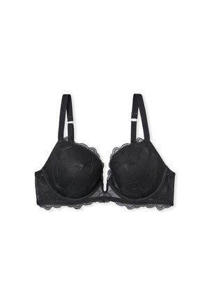 Soutien-gorge en dentelle noire avec armatures, motif floral, bords festonnés, bretelles réglables et fermeture à crochets à l'arrière.