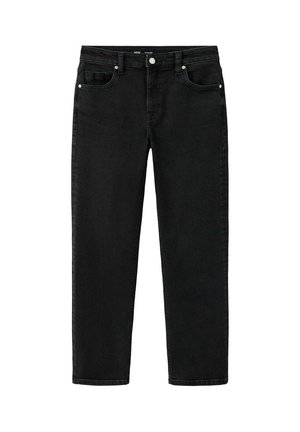 Black straight-leg denim jeans with front and back pockets, belt loops, and a button closure at the waist.