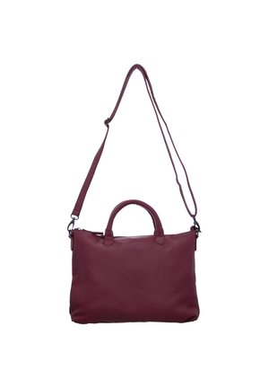 Dark red leather handbag with two short handles and an adjustable long shoulder strap, displayed against white background.