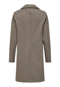 Manteau en laine marron long avec un col cranté, une silhouette droite et des manches longues. Présente un dos épuré sans détails supplémentaires.