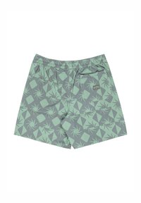 Costum de baie scurt verde cu un model geometric și motive de frunze, cu talie elastică și un buzunar pe spate cu detaliu buton.