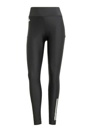 Leggings negros hechos de una tela elástica. Cintura alta, ajuste ceñido, con tres franjas blancas a lo largo del costado. Textura suave, sin elementos metálicos visibles.