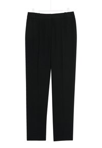 Svarta byxor med en slät tyg, rak ben-design, två framfickor och en skräddarsydd midja med subtila veck.