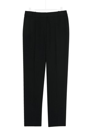 Pantaloni neri in tessuto liscio, design a gamba dritta, con due tasche frontali e una vita sartoriale con pieghe sottili.