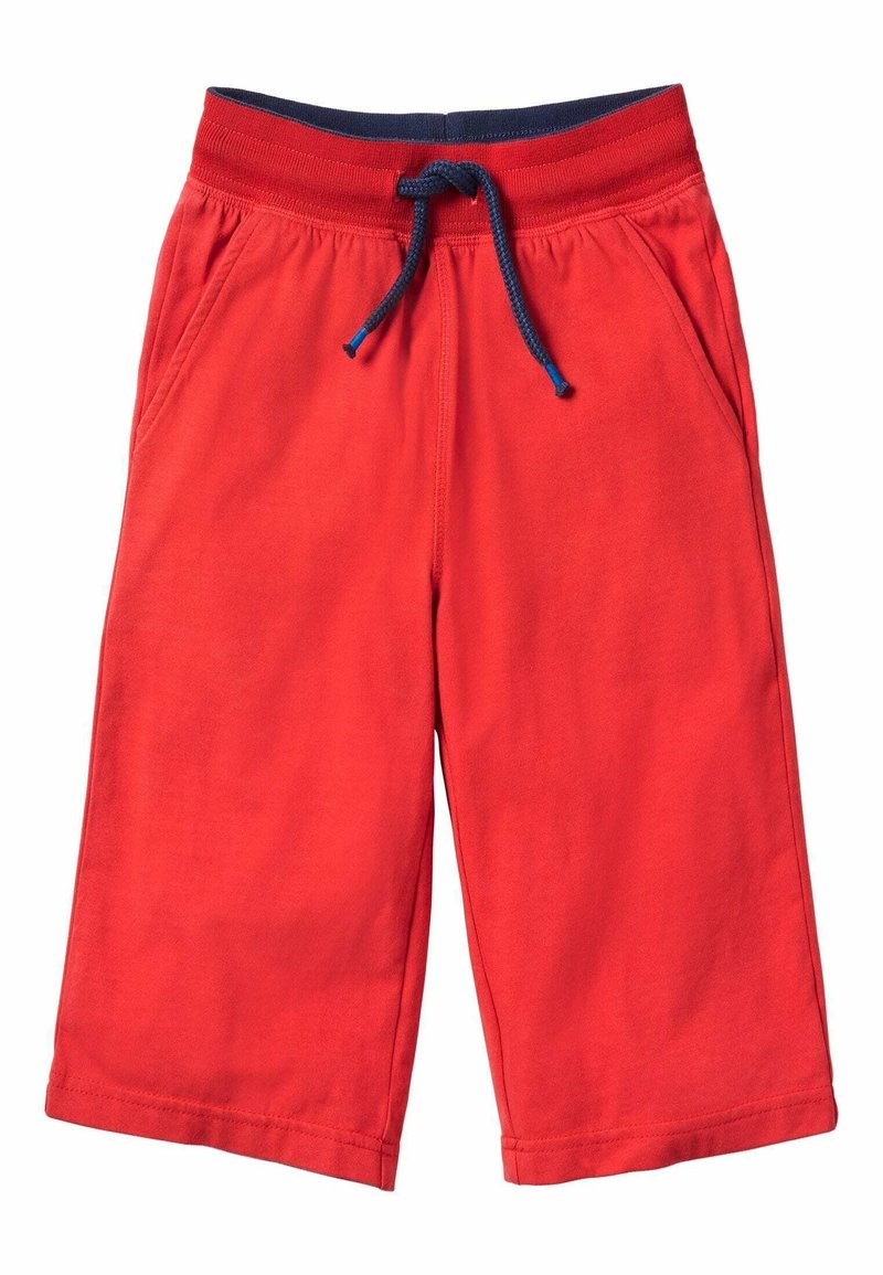 Shorts rouges en tissu doux, dotés d'une ceinture élastique avec un cordon bleu et des poches latérales. Design simple et coupe droite.