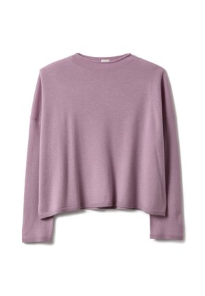 Jersey corto color lila claro, material de punto suave, mangas largas, escote redondo y detalles de dobladillo acanalado. Diseño simple y minimalista.