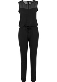 Combinaison noire sans manches avec bustier supérieur en mesh transparent, encolure ronde, taille à cordon et pantalon droit.